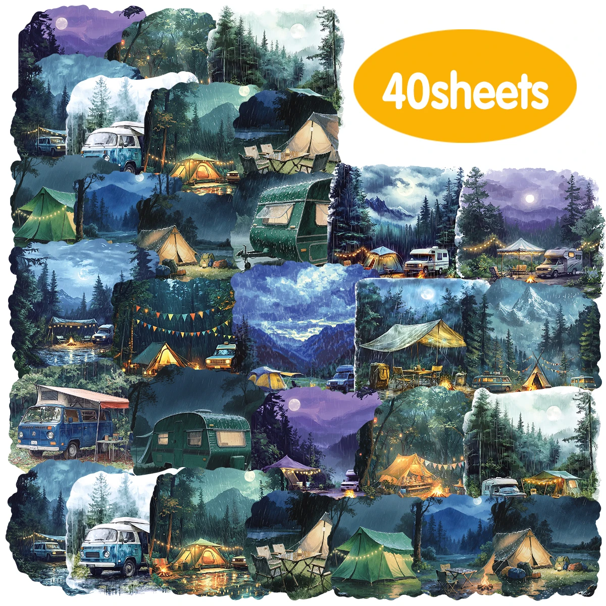 40pcs Mountain camping rain scene PVC stickers for outdoor travel Handbag Laptop Luggage Phone Cases Decorating stickers