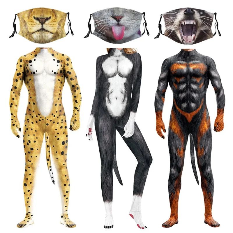 Qq38Sexy Bodysuits Cauda Mens Leopardo Cosplay Mulheres Sexo Gato Traje com Máscara Vaca Urso Vestir Para Festa de Halloween Animal C