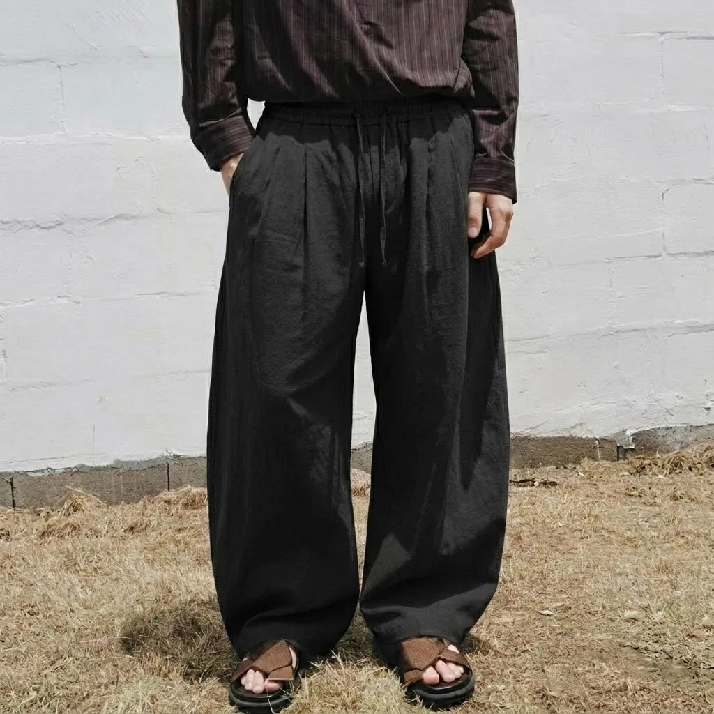 New Men's Casual Cotton Wide Leg Pants Loose Fit Drawstring Elastic Waist Trousers Breathable Baggy Pants Solid Color Streetwear