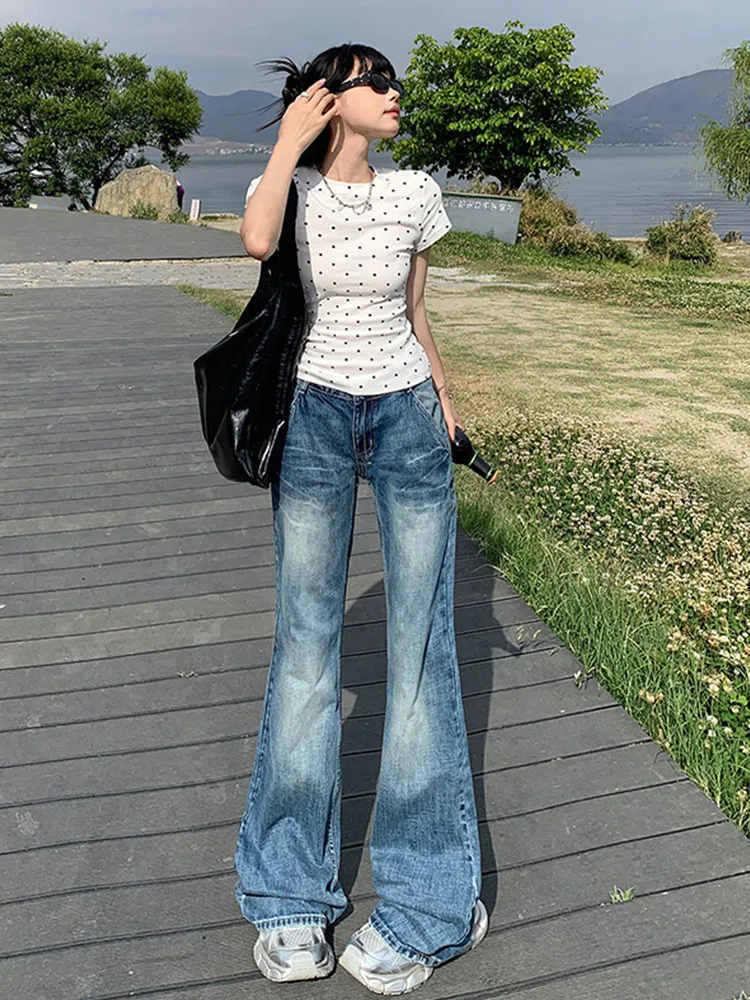 American Style Hot Girl Bleached Bell Bottoms Women Low Waist Sexy Slim Trousers Summer 2024 New Full Length Denim Pants Design