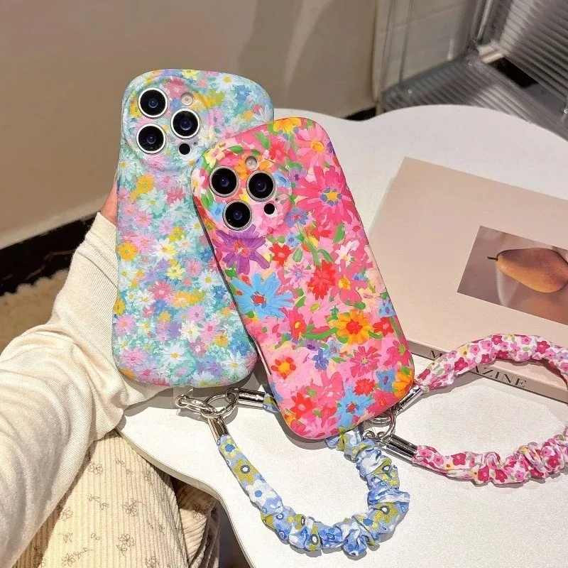 

Oil Painting Daisy Flowers Sunflower Phone Case For IPhone 16 15 14 13 Pro Max Case Cute Sweet Cartoon Soft Cover with Lanyard