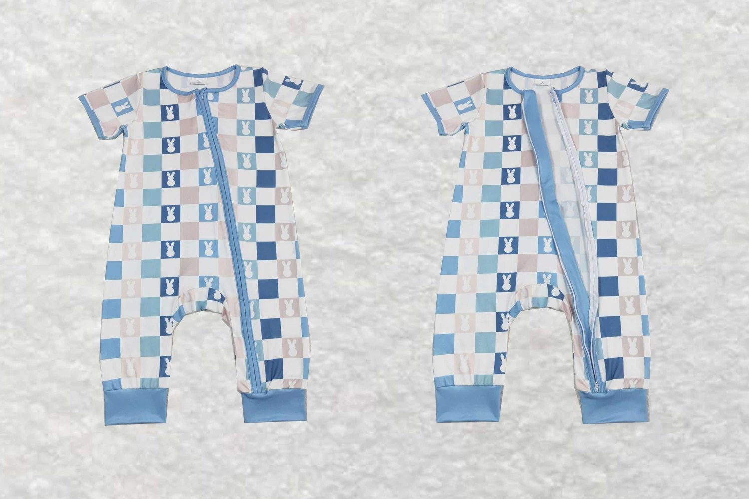 

Wholesale hot sale baby kids newborn children toddler clothes Easter Bunny Plaid Blue and White Zip Short Sleeve Jumpsuit