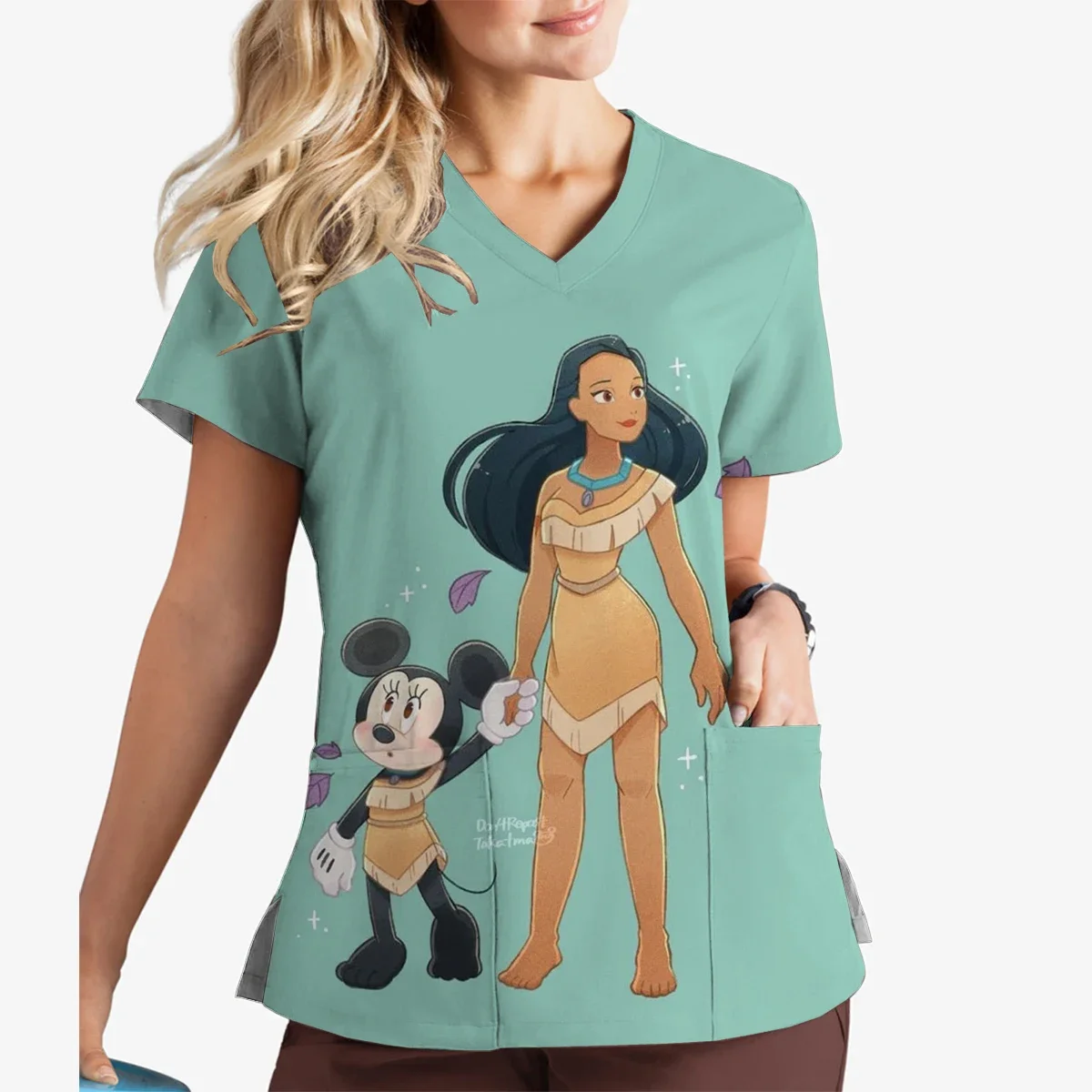 Top con stampa principessa Disney Moana con scollo a V, top a maniche corte, infermiera ospedaliera, badante, negozio di animali domestici, uniforme da lavoro
