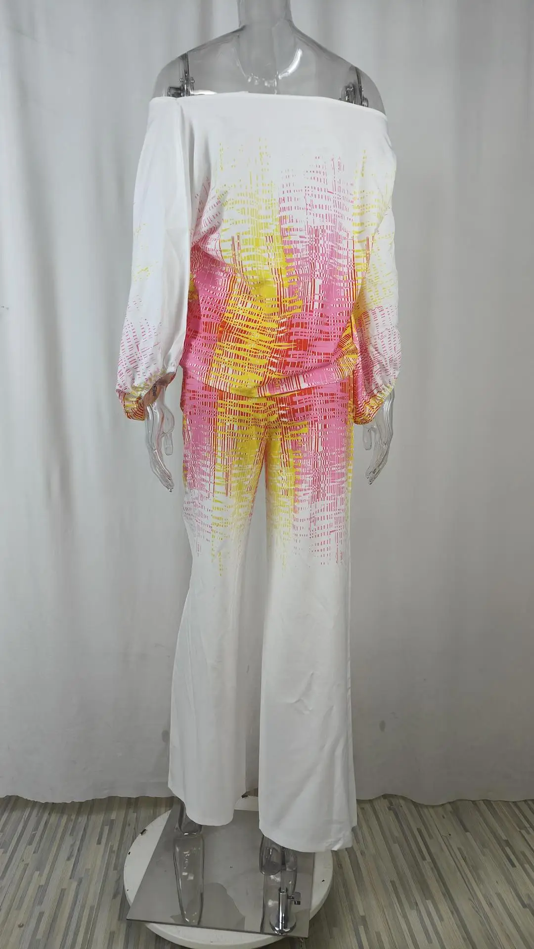 VEITCHE Frauen Print Outfit Ärmel Off Schulter Langarm Bluse Büro Dame 2-teilige Sets Frühling Herbst Breite Bein Hosen Anzug – Detail 32