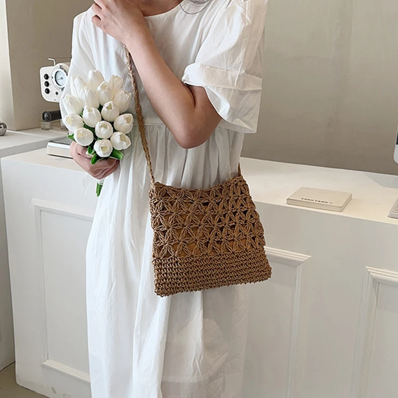 Women Beach Woven Straw Shoulder Messenger Bag Boho Hollow Out Crochet Crossbody Handbag Macrame Purse