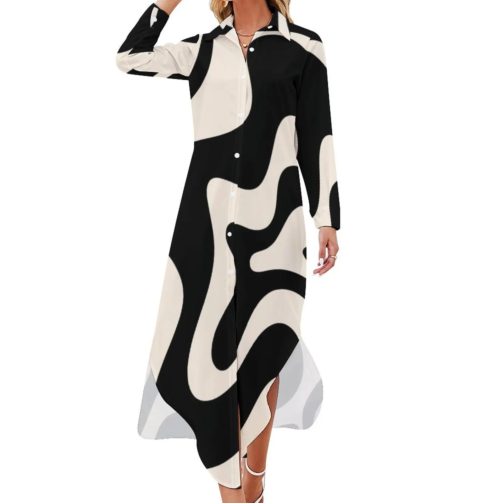 Retro Liquid Swirl Abstract Pattern in Black and Almond Cream Long Sleeved Shirt Dress Long dress dress party night