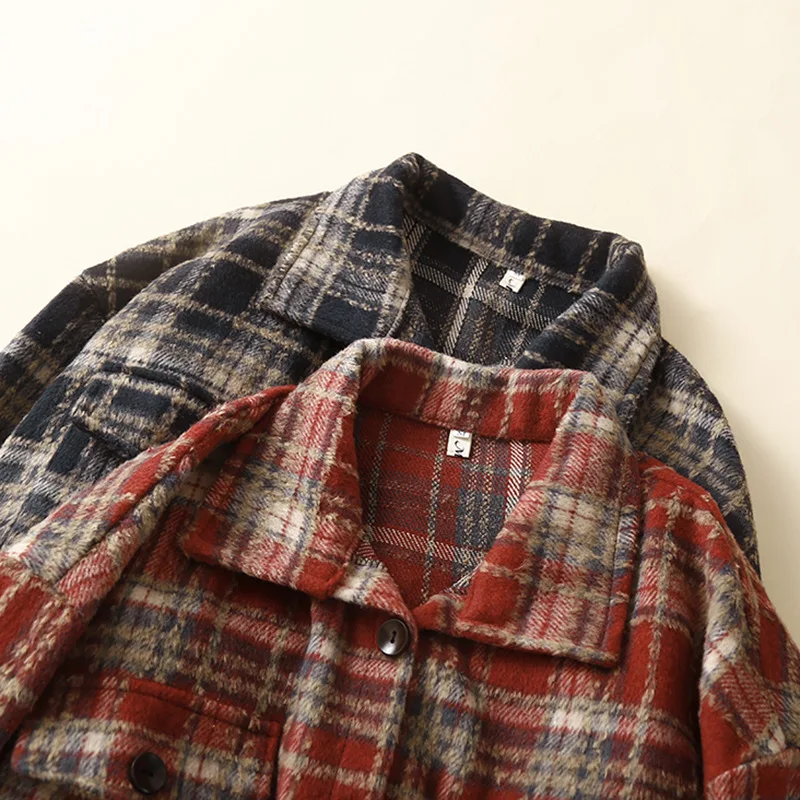 Women's Plaid Woolen irt Jaet Thi Long Sve Autumn Winter Faion plus Size Versatile Outerwear Korean Sle