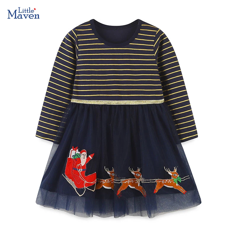 Little Maven Costume per ragazze Vestiti Autunno Abbigliamento per bambini Cartoon Cervi di Natale Bambini Maniche lunghe Abito a rete in cotone