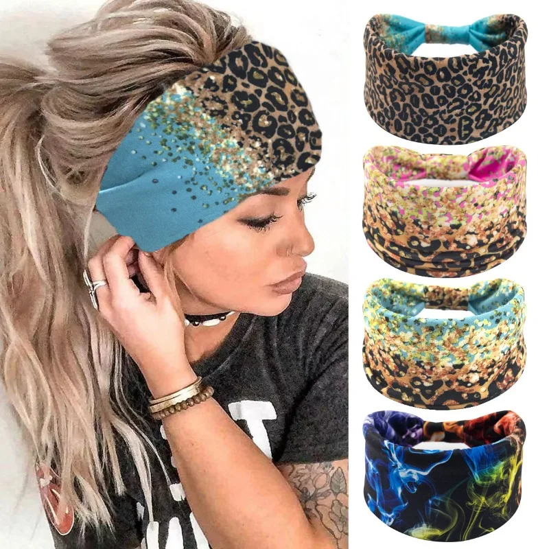 

European and American new ethnic style hair band leopard print spinning color elastic wide edge women's sports retro headscarf