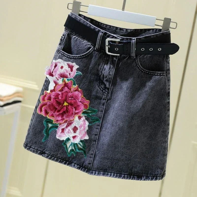 New Summer Mini Denim Skirt Fashion Peony Flower Embroidery Blue Pockets High Waist Casual Skirts Streetwear Y2K Harajuku