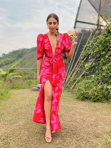 V Neck Print Long Dress Women Cut Out Elegant Short Sleeve Halter Maxi Dress Summer Bodycon Evening Party Clothing