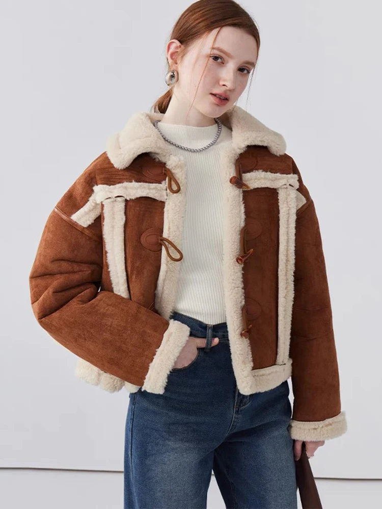 

Women's Winter Lamb Fur Jacket Sheepskin Wool Vintage Suede Fur One-piece Lamb Parka Loose Jacket Coat for Women