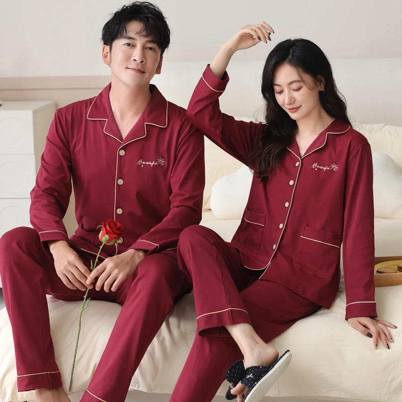 Big Size M-4XL Cotton Couples Long Sleeves Sleepwear Spring Autumn Cardigan Pajamas Set Women and Men Matching Loungewear Red