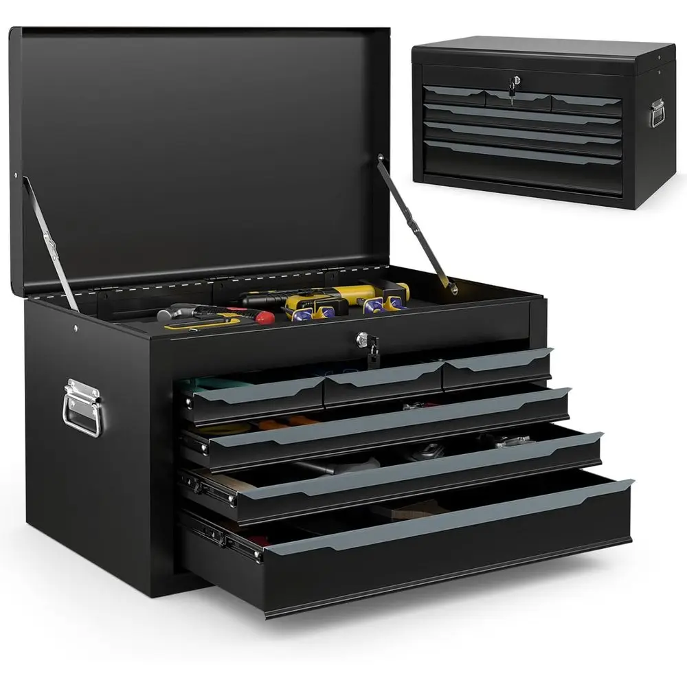 

Sturdy Steel Tool Chest with 6 Drawers, Top Tray, and Auto-Locking Features for Garage and Workbench Use (Black)