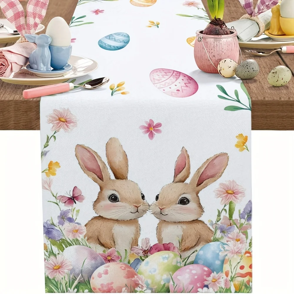 1pc, Spring Bunny Easter Table Runner, Colorful Eggs Farmhouse Dress Scarves, Pastoral Floral Botanical Dining Tablerunner