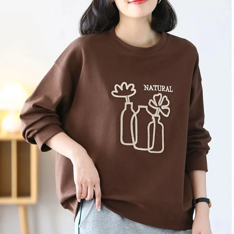 New Spring and Autumn Women\'s Solid Color O-Neck Long Sleeve Loose Printed Classic Pullovers Trendy Comfortable Commute Tops