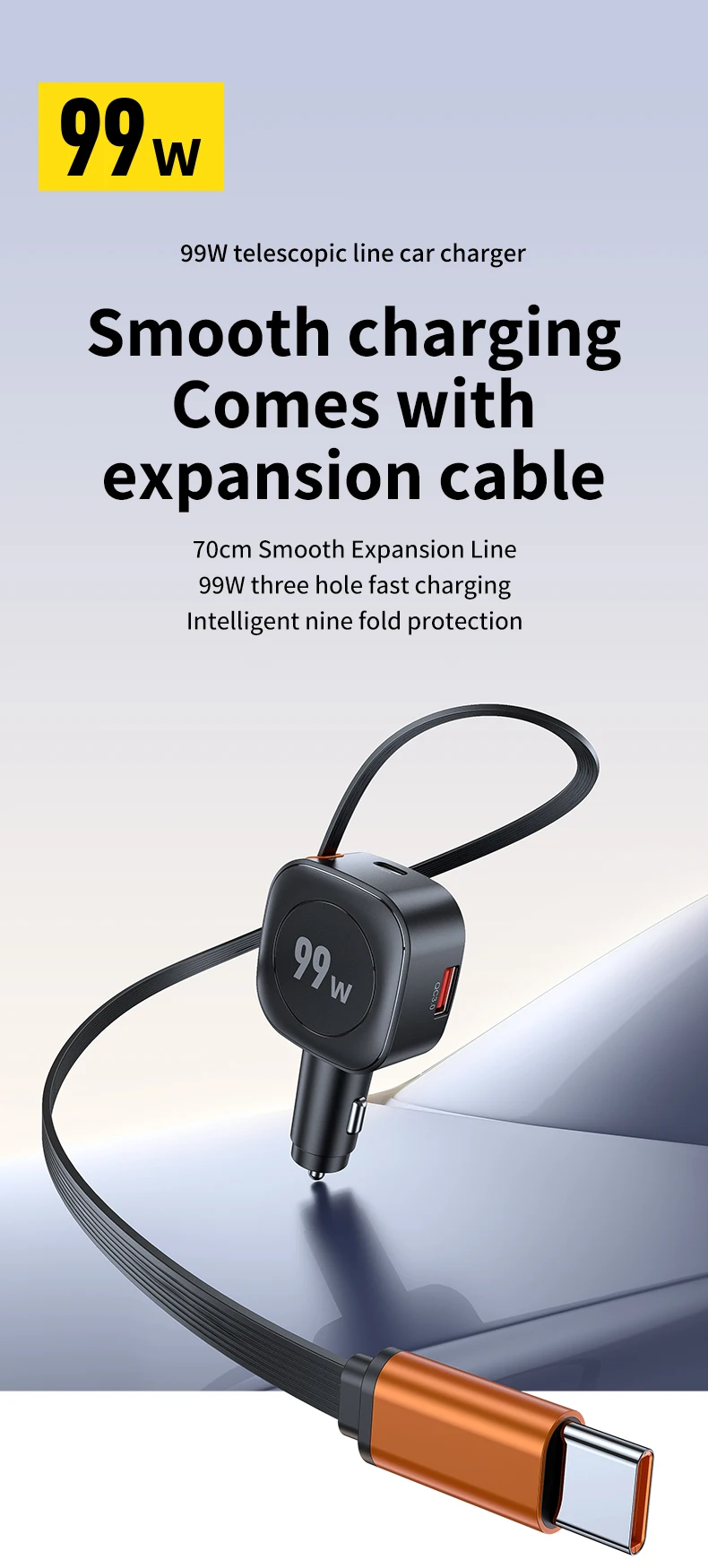 99 W einziehbares Autotelefon-Ladegerät USB C PD 45 W Schnellladung für iPhone 16 Pro Max, Samsung Galaxy S25 Ultra, Android – Detail 1