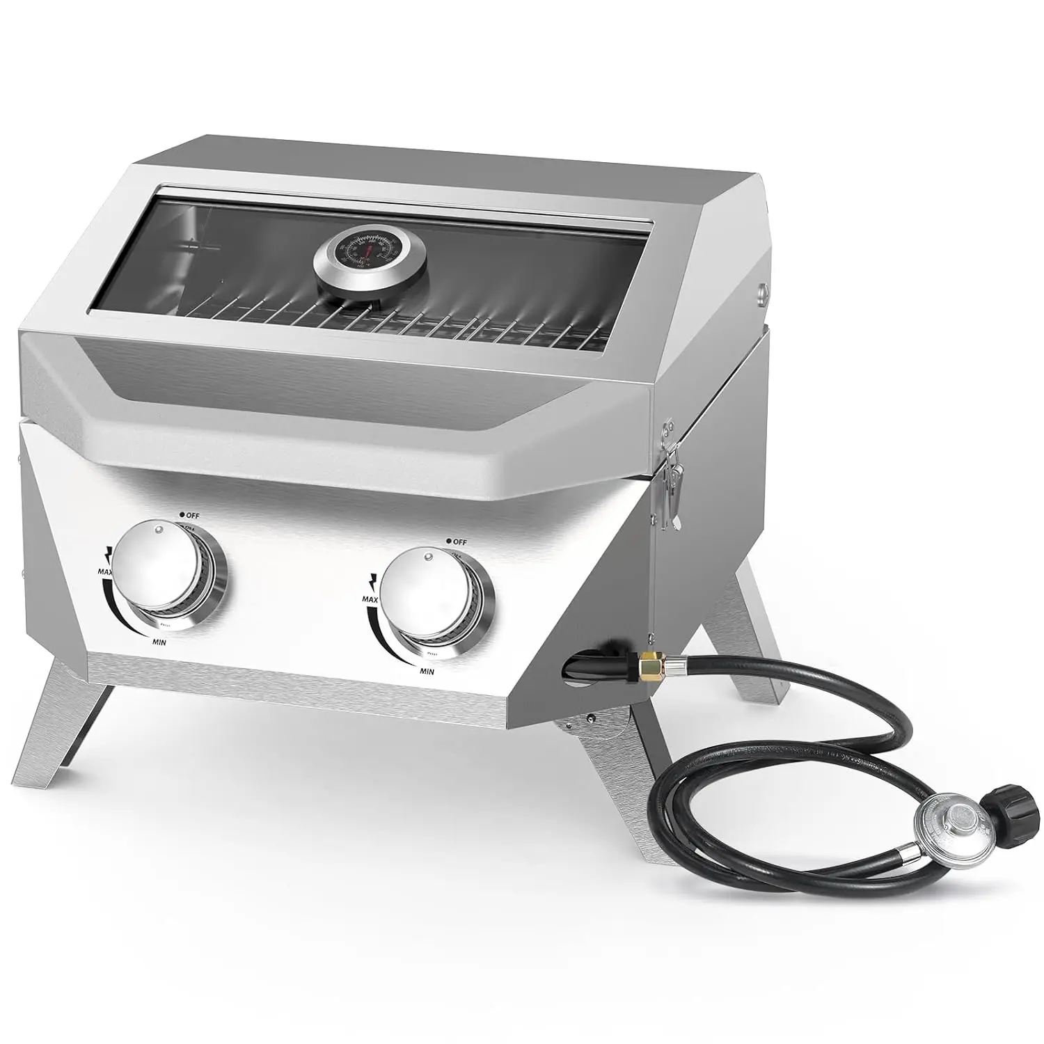 

Tabletop Gas Grill with 2 Burners & Viewing Glass Lid, 20,000 BTU Stainless Steel Portable BBQ Grill with, Customized
