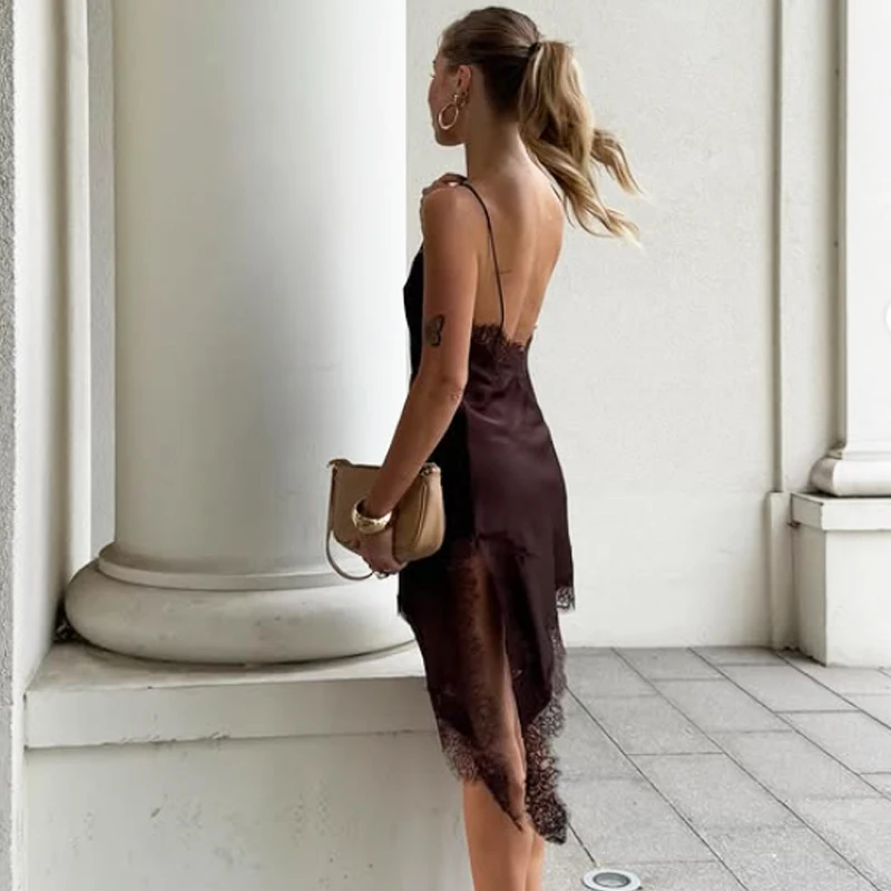 HXAO Female Lace Dress Sleeveless Slip Short Dresses Women Summer Asymmetric Elegant Night Dresses Backless Sexy Evening Dress