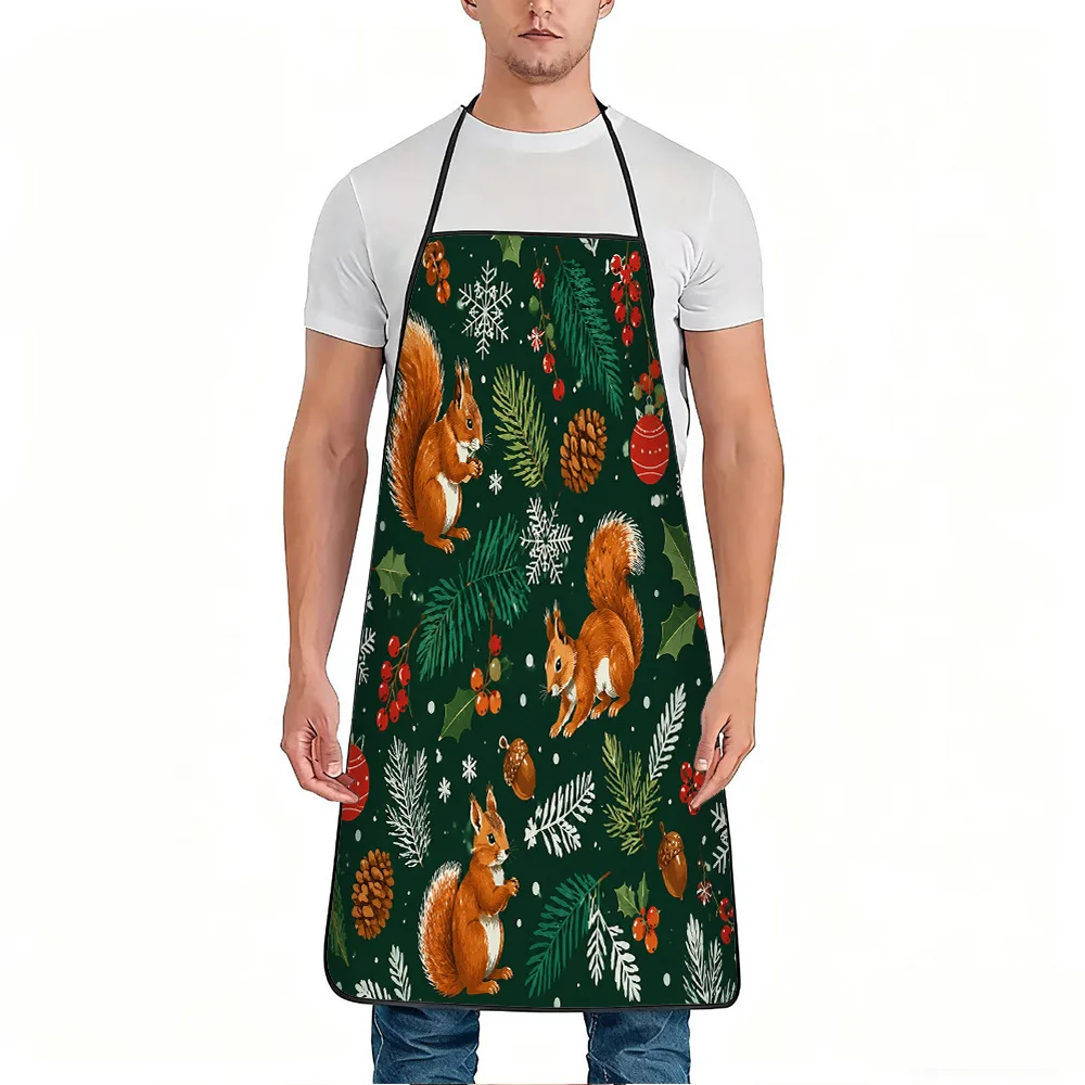 1pc Cute Squirrel Christmas Print Apron, Durable And Easy to Clean, Adjustable Waistband, Polyester Material, for Kitchen Cookin