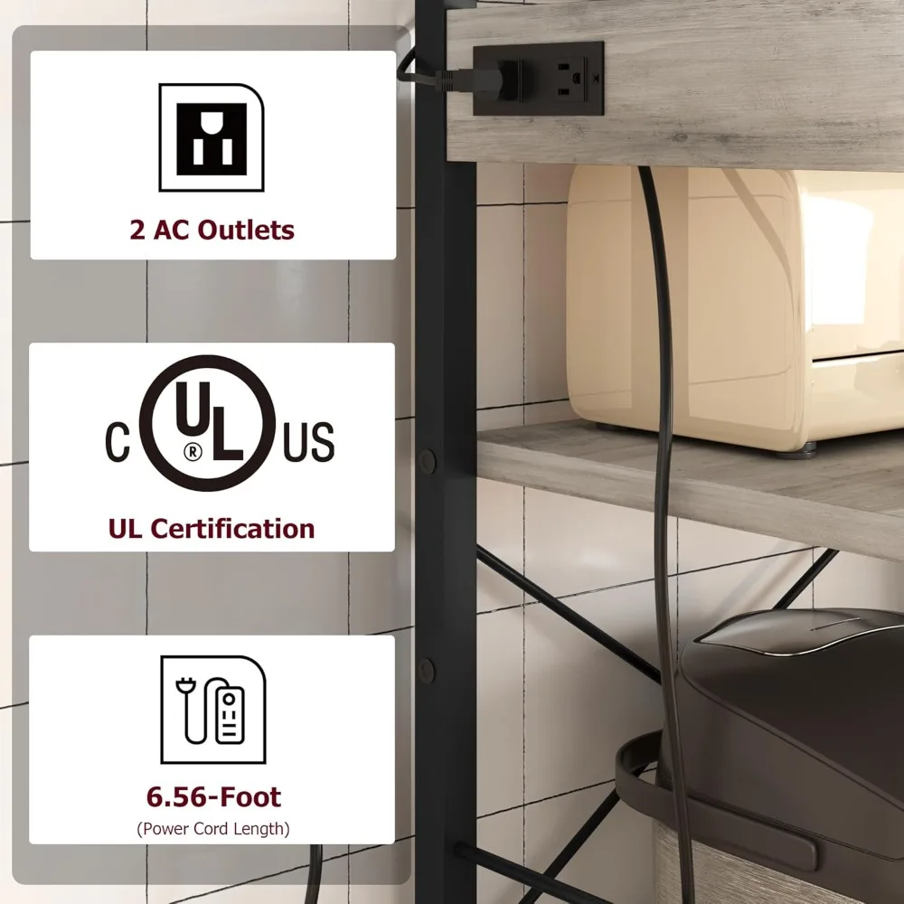 Microwave Stand with Industrial Design, Kitchen Buffet Table, Coffee Bar Drawer, Power Outlet Bakers Rack, Wire Management Solut