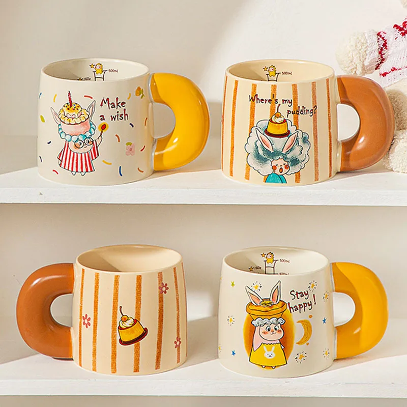 520ml Coffee Mug Ceramic Ladies Water Cup Large Capacity Couple Milk Cartoon Cup Creative Ceramic Breakfast Cup for Gifts