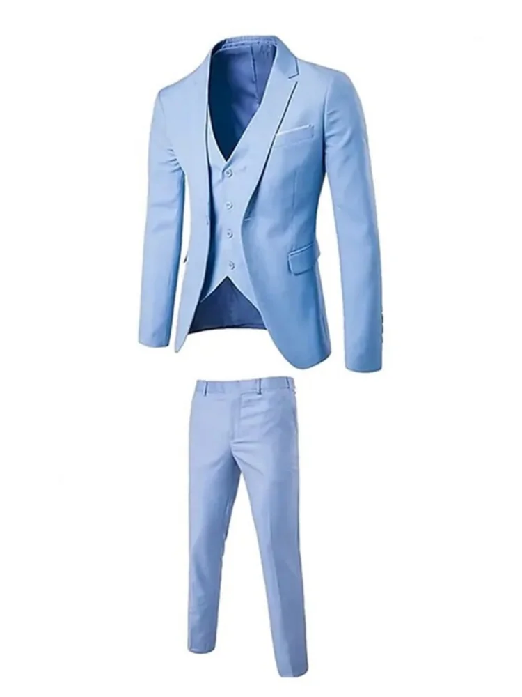 Men 3-Piece Slim Fit Suit Set Thin Jacket Vest Pants Formal Business Wedding Tuxedo 7 Colors Optional