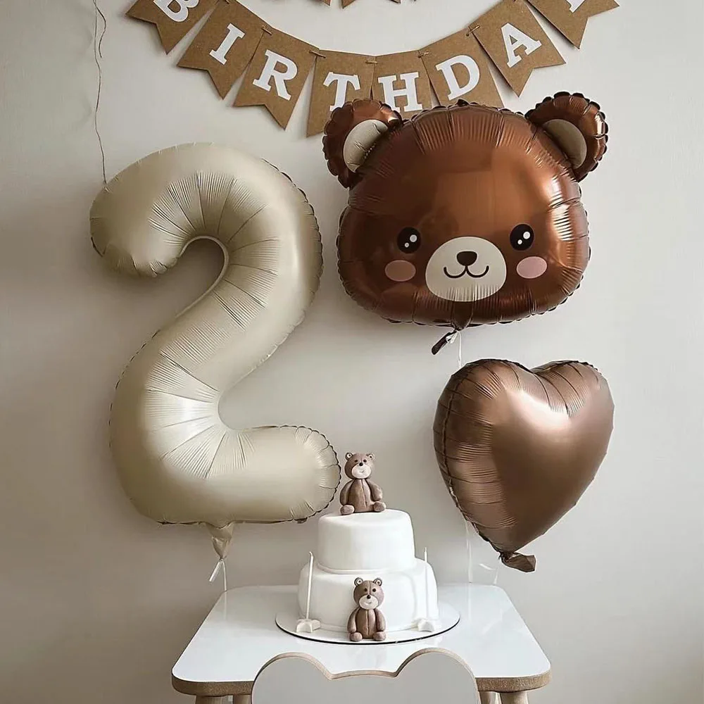 3Pcs Coffee Brown Teddy Bear Balloon Set Cream Number Heart Balloon Kid Birthday Party Decoration Baby Shower Wedding Decoration