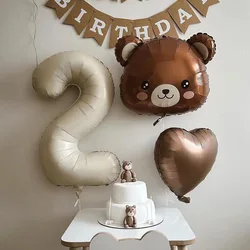 3Pcs Coffee Brown Teddy Bear Balloon Set Cream Number Heart Balloon Kid Birthday Party Decoration Baby Shower Wedding Decoration