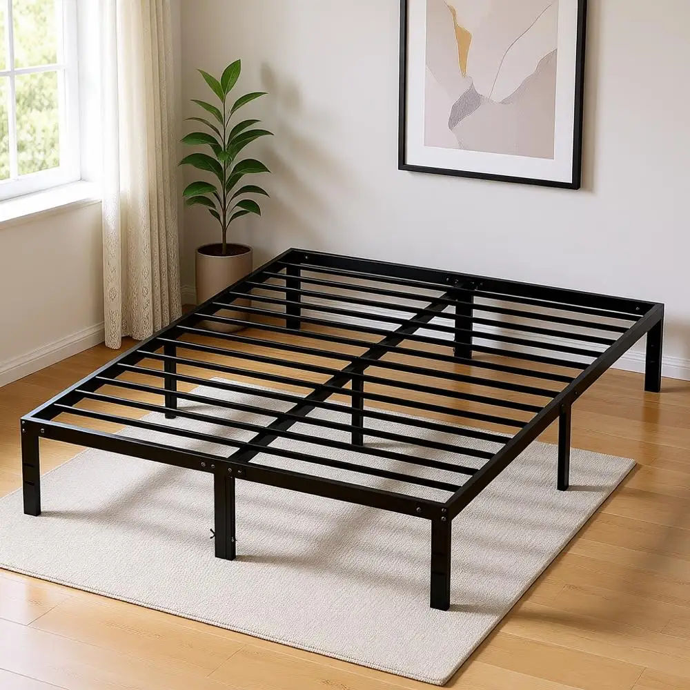 

Full Size Metal Platform Bed with Steel Slat Support, No Box Spring Needed, Storage Under Base, Easy Assembly, Black