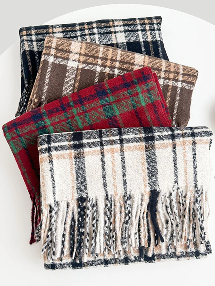 الخريف الشتاء النساء Preppy وشاح متماسكة سيدة الرجال الرجعية عادية منقوشة شرابة وشاح التفاف شال فام الذكور للجنسين موضة عيد الميلاد