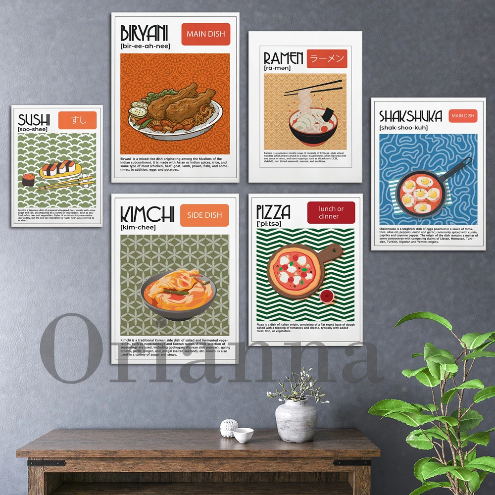 Italian Pizza, Indian Biryani, Korean Kimchi, Japanese Ramen Sushi, Shakshuka, Food Poster, Kitchen Print, Wall Art Decor Gift