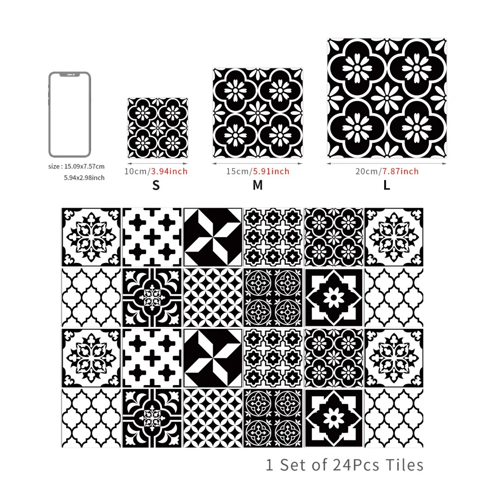 

24Pcs/Set Mandala Style Ceramics Wall Sticker Waterproof 10/15/20cm Tile Decoration Film Moisture-proof Self Adhesive