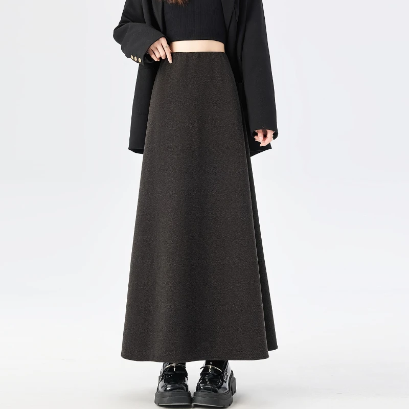 

High Quality Woolen Skirt Women Fall Winter Elegant Thick A-line Black Skirt Female Elastic High-waisted Straight Faldas 2025