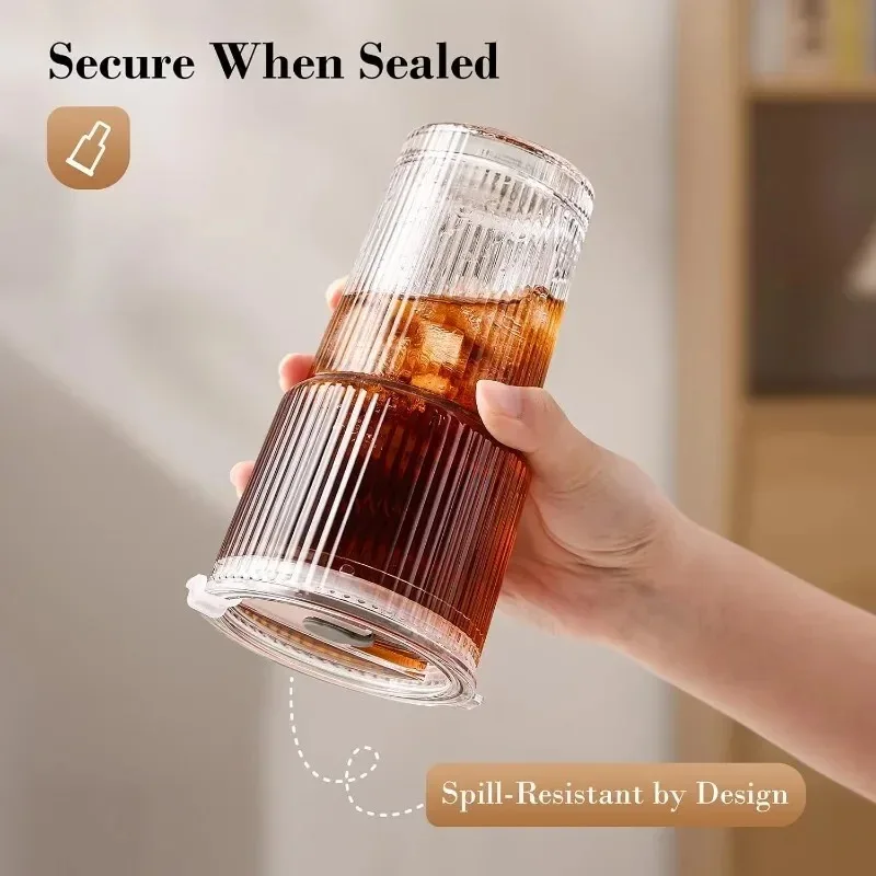 400/600ML Gestreifter Glas-Kaffeebecher Transparenter Trinkbecher mit Deckel und Strohhalm Großer Saft- und Eiskaffeebecher – Detail 4