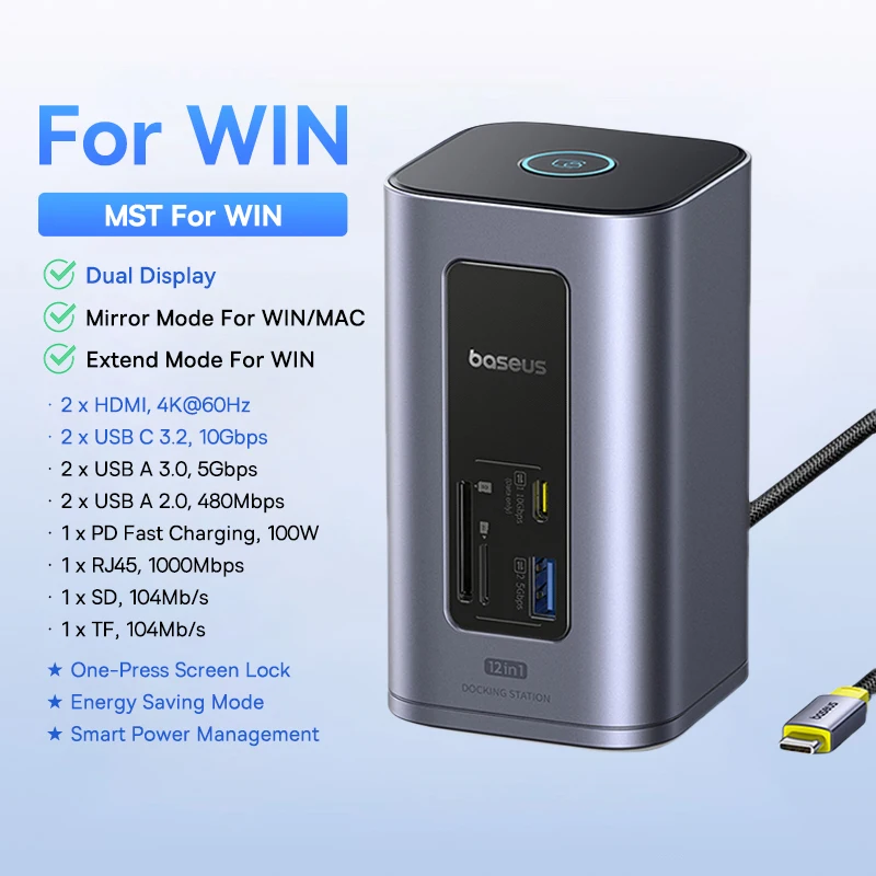 Baseus USB C HUB voor Mac 12-in-1 DisplayPort HDMI 4K@60Hz MST Display voor macOS Windows Docking Station USB 3.2 RJ45 PD 100W Hub