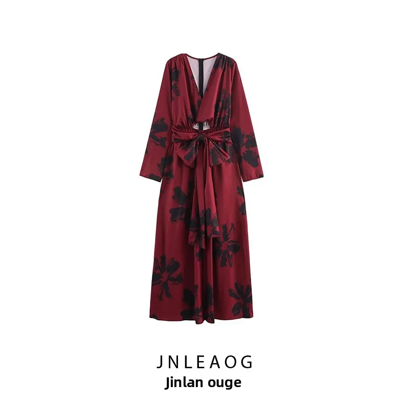 Lente Nieuwe Faion Dames Lange Dr JNLEAOG Diepe V Print Tweerichtingskleding Ele Casual H-Sle Polyester Vezel Rok