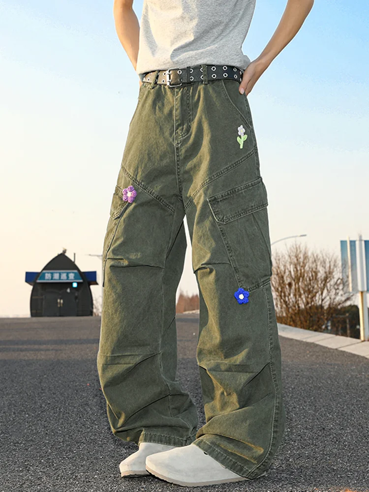 

Мужские рабочие брюки в американском ретро-стиле, плиссированные, свободного прямого кроя, с широкими штанинами, с цветочной вышивкой, повседневные.