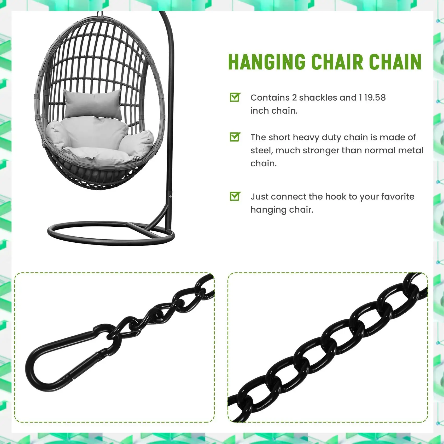 

FIZP Steel Hanging Chair Chain With 2 Carabiners, Heavy Duty Porch Swing Hammock Chain Kit,For Hammock Swings(66Cm)