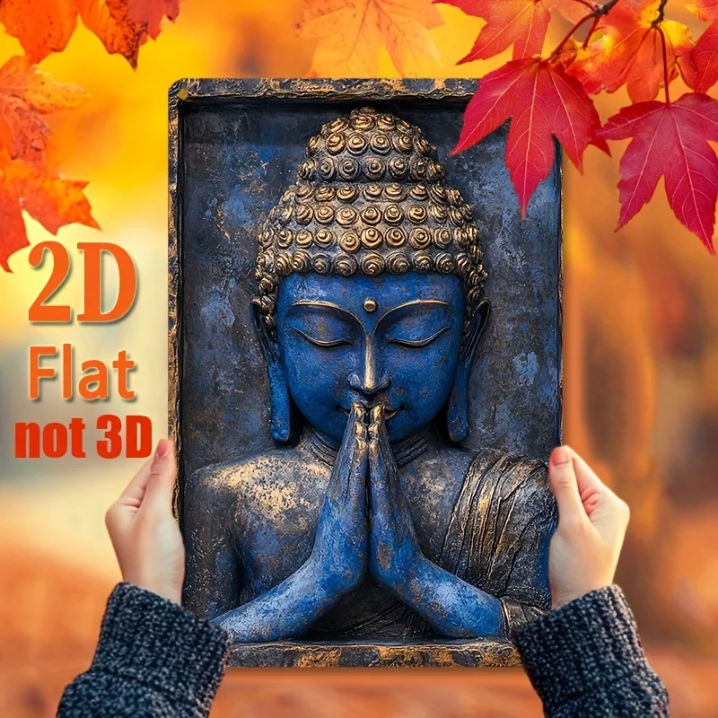 Aluminum Sign: Blue Buddha Statue with Hands Folded in Prayer, Vintage Aluminum Sign for Yacht Decoration, Living Room, Gym -