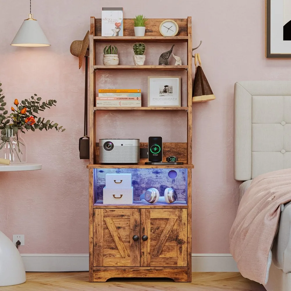 tall nightstand with LED lights and charging station, bedside table and bookshelf 2 in 1, end side stand with storage cabinet.