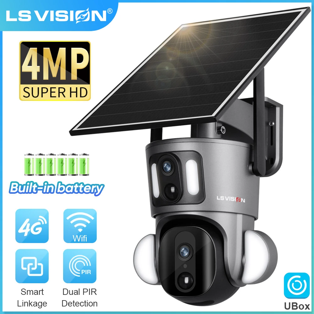 LS VISION 4MP Dual Screen Linkage Solar WiFi Camera Outdoor 4G Dual PIR Detection Human Auto Tracking CCTV Camera 9W Solar Panel