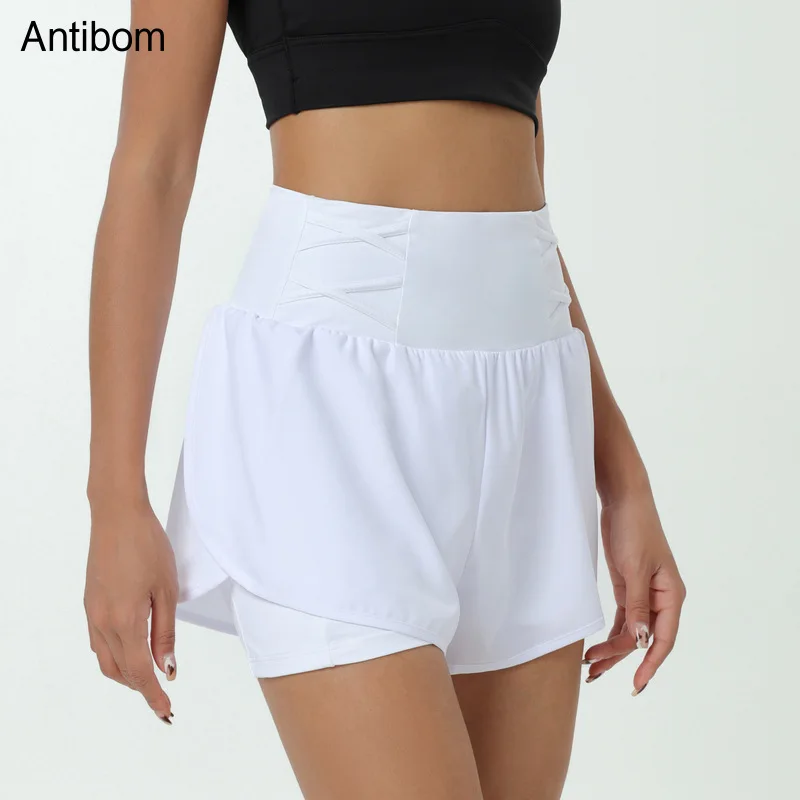 Antibom 2 in 1 Sports Shorts Women's Jogging Breathable Yoga Shorts with Pocket High Waist Fitness Gym Wear Loose Athleticwear