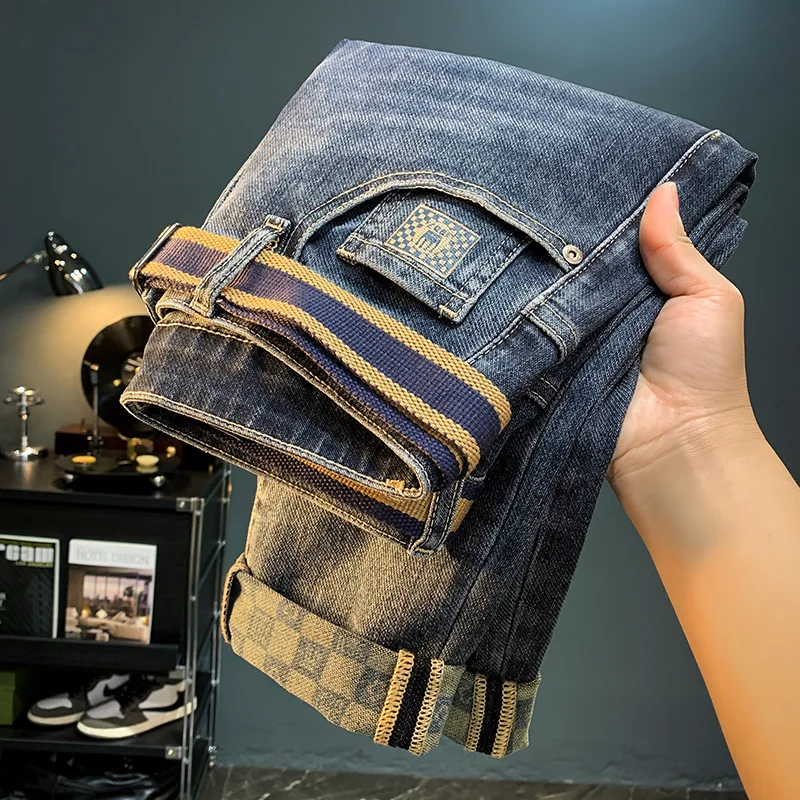 

Spring Men'S Jeans 2024 New Trendy Brand Slim Fit Straight Leg Fashion Slimming Water Washable Durable Casual Denim Long Pants