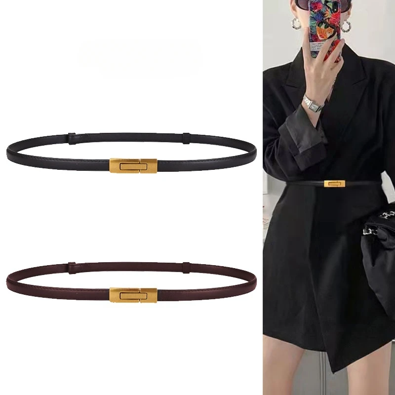 

Women Skinny Leather Belt Solid Color Vintage Metal Interlock Buckle Adjustable Thin Waist Belt For Dress Jeans Coat