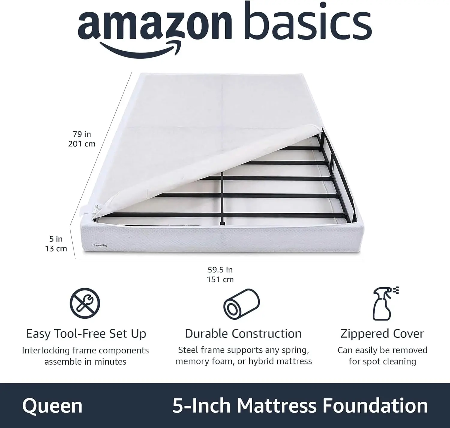 Amazon Basics Smart Box Spring Bed Base, 5-Inch Height Mattress Foundation, Tool-Free Easy Assembly, Queen, 79