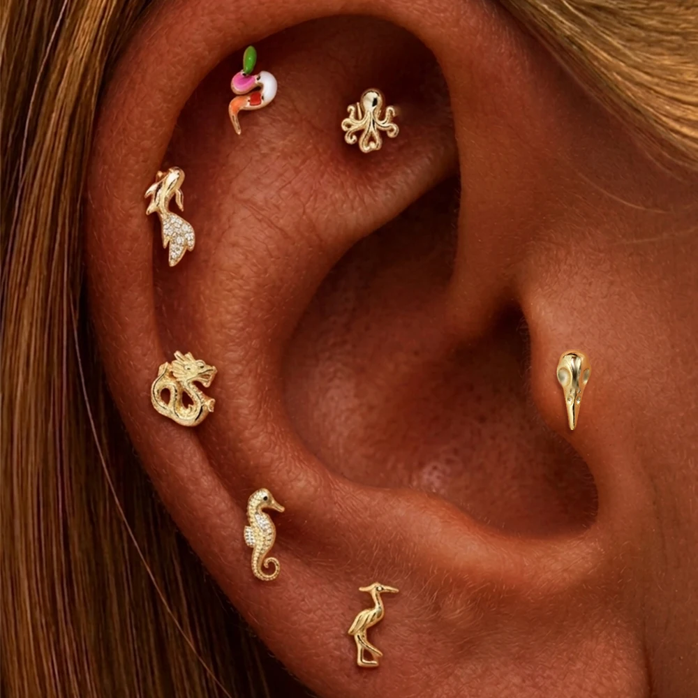 AIDE 1PC 925 Sterling Silber Glück Rot Koi Piercing Ohrring Für Frauen Geometrische Kette Zirkon Ohr Knochen Stud Ohrringe edlen Schmuck – Detail 19