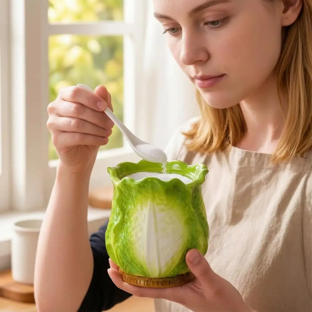 Ceramic Seasoning Container Cabbage Shape Spice Jar Ceramic Cabbage Lard Jar with Lid Spoon 350ml Kitchen for Countertop