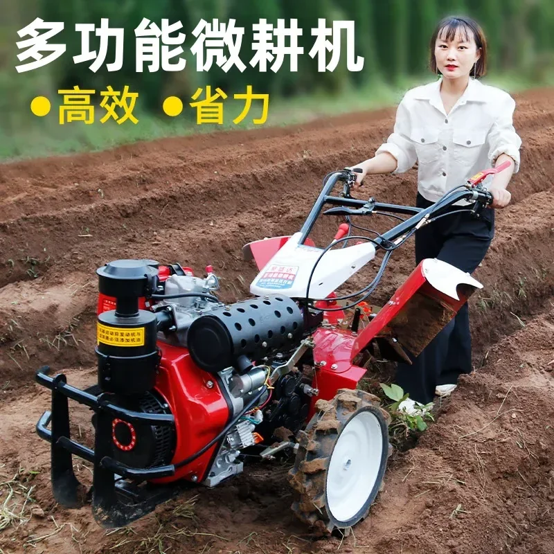 for Four-wheel Drive Micro Tiller Multi-functional Diesel Small Ditch Plowing Agricultural Hand-held Rotary Cultivator for