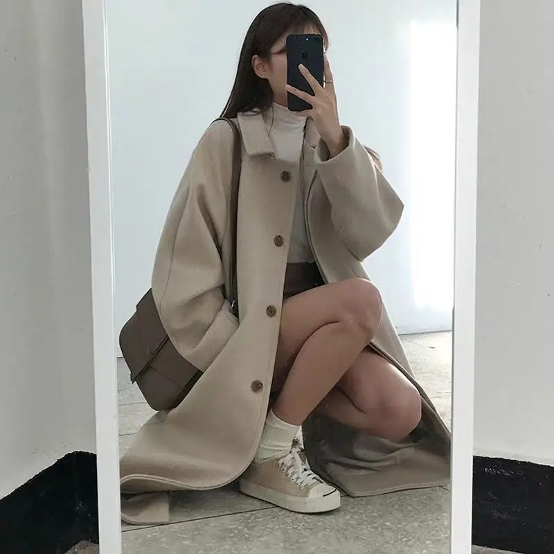 Black Long Coat Women Thick Winter Korean Short with Velvet Mid-length Woolen Coat Woman Parkas Wrap Coat Autumn